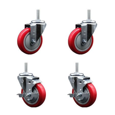 Service Caster 4 Inch Red Polyurethane Wheel Swivel 58 Inch Threaded Stem Caster Set 2 Brakes SCC SCC-TS20S414-PPUB-RED-58212-2-TLB-2